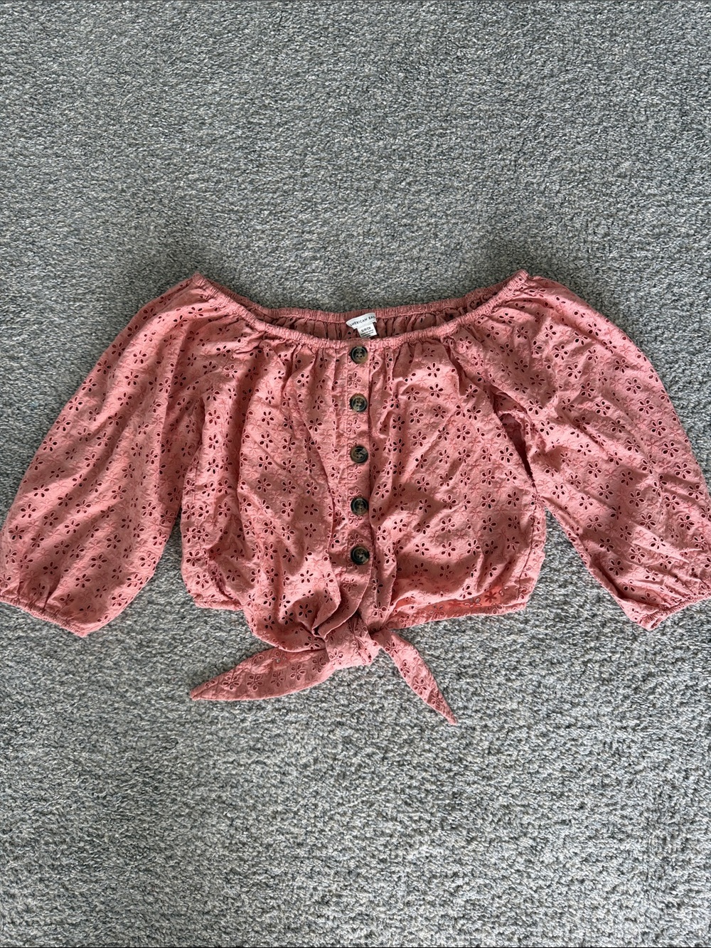 American Eagle Outfitters Pink Off-the-Shoulder Eyelet Button Tie Front Top